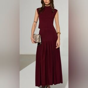 Commense Mock Neck Sleeveless Top and Pleated Midi Skirt Set